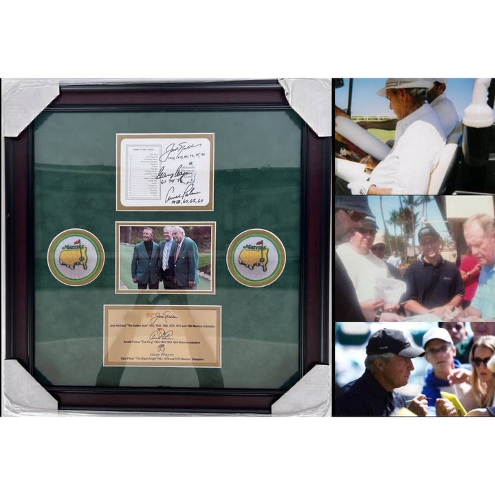 Jack Nichlaus Arnold Palmer Gary Player Masters golf tourney official score card signed with proof and museum quality frame.