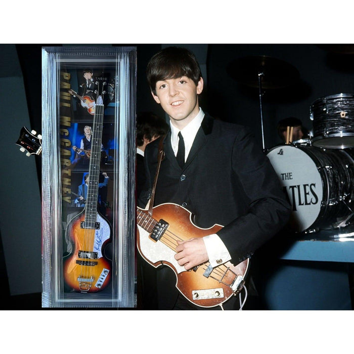 Paul McCartney of The Beatles Hofner Bass guitar signed with proof and museum quality frame