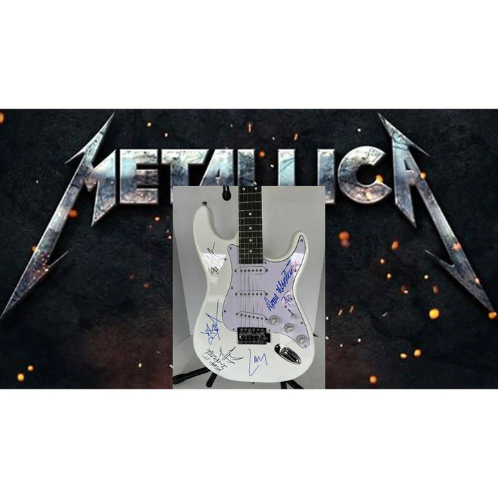 Metallica James Hetfield Kirk Hammett Jason Newsted Dave Mustaine Lars Ulrich startocaster electric guitar signed with proof
