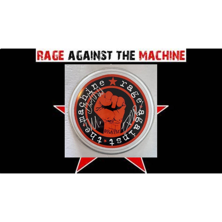 Tom Morello Zach de la Rocha Rage Against the Machine 10-in one-of-a-kind drumhead signed with proof Awesome Artifacts