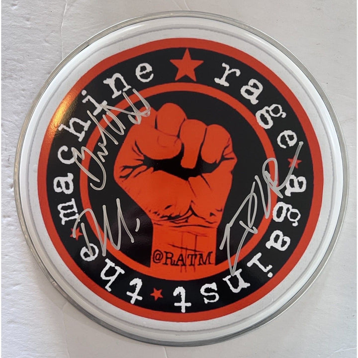 Tom Morello Zach de la Rocha Rage Against the Machine 10-in one-of-a-kind drumhead signed with proof Awesome Artifacts