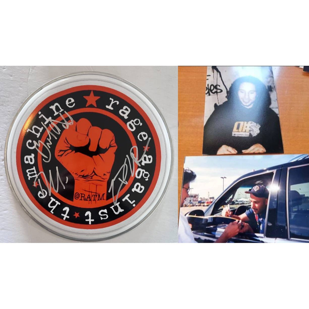 Tom Morello Zach de la Rocha Rage Against the Machine 10-in one-of-a-kind drumhead signed with proof Awesome Artifacts