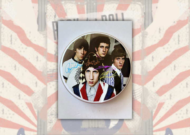 Pete Townshend, John Entwistle, Roger Daltrey The Who drumhead one-of-a-kind drumhead signed with proof