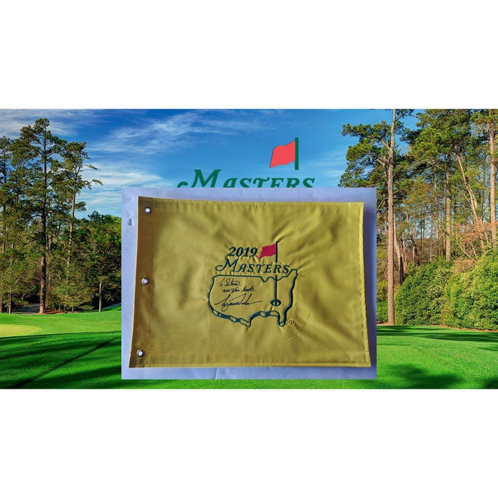 Tiger Woods 2019 Masters champion 2019 Masters pin flag embroidered sign with inscription to Steve all the best Tiger Woods with signing pro Awesome Artifacts