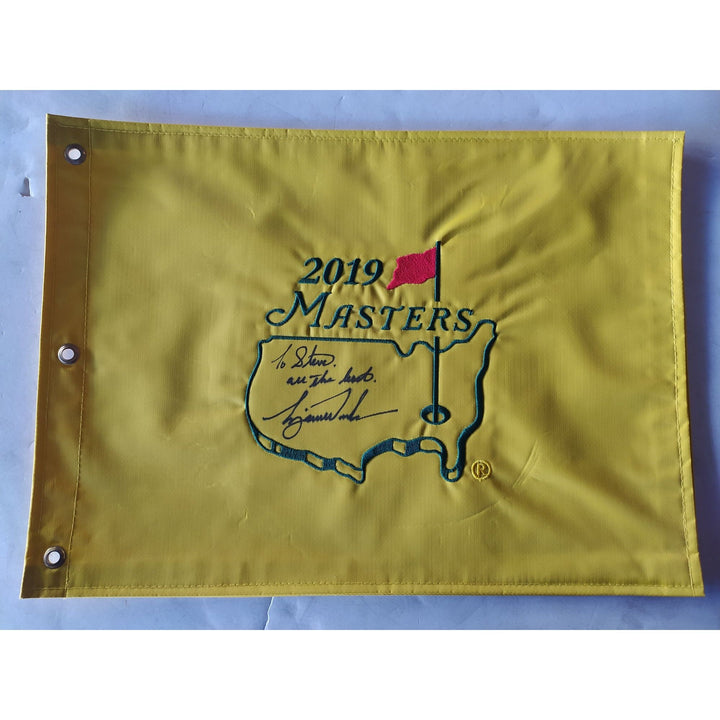 Tiger Woods 2019 Masters champion 2019 Masters pin flag embroidered sign with inscription to Steve all the best Tiger Woods with signing pro Awesome Artifacts