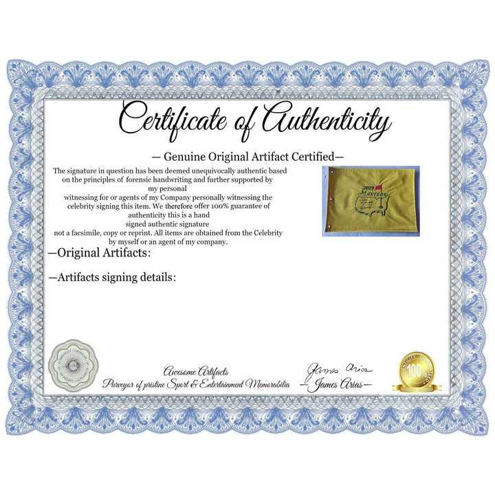 Tiger Woods 2019 Masters champion 2019 Masters pin flag embroidered sign with inscription to Steve all the best Tiger Woods with signing pro Awesome Artifacts