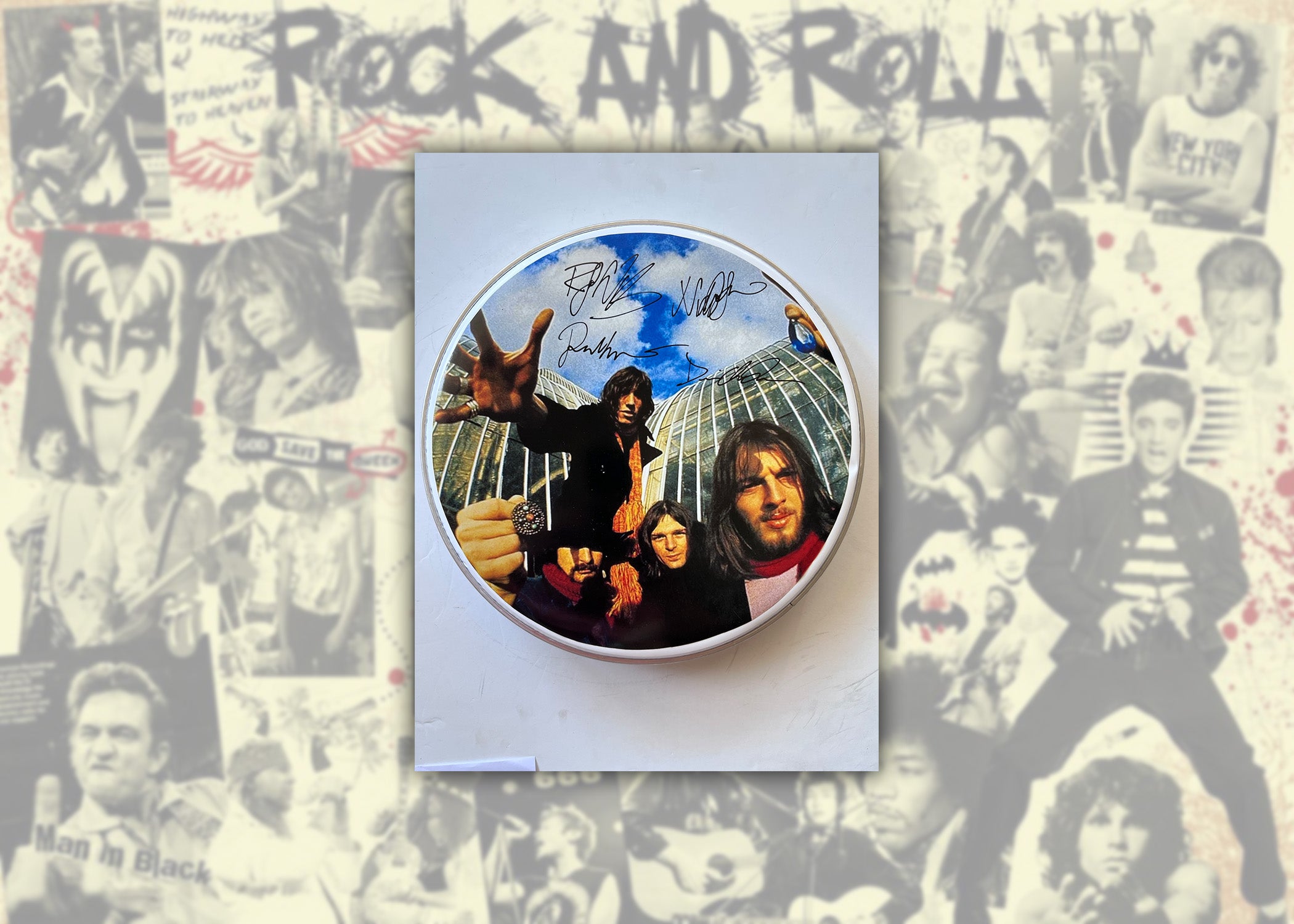 Pink Floyd David Gilmour, Roger Waters, Nick Mason and Richard Wright one-of-a-kind drum head signed with proof