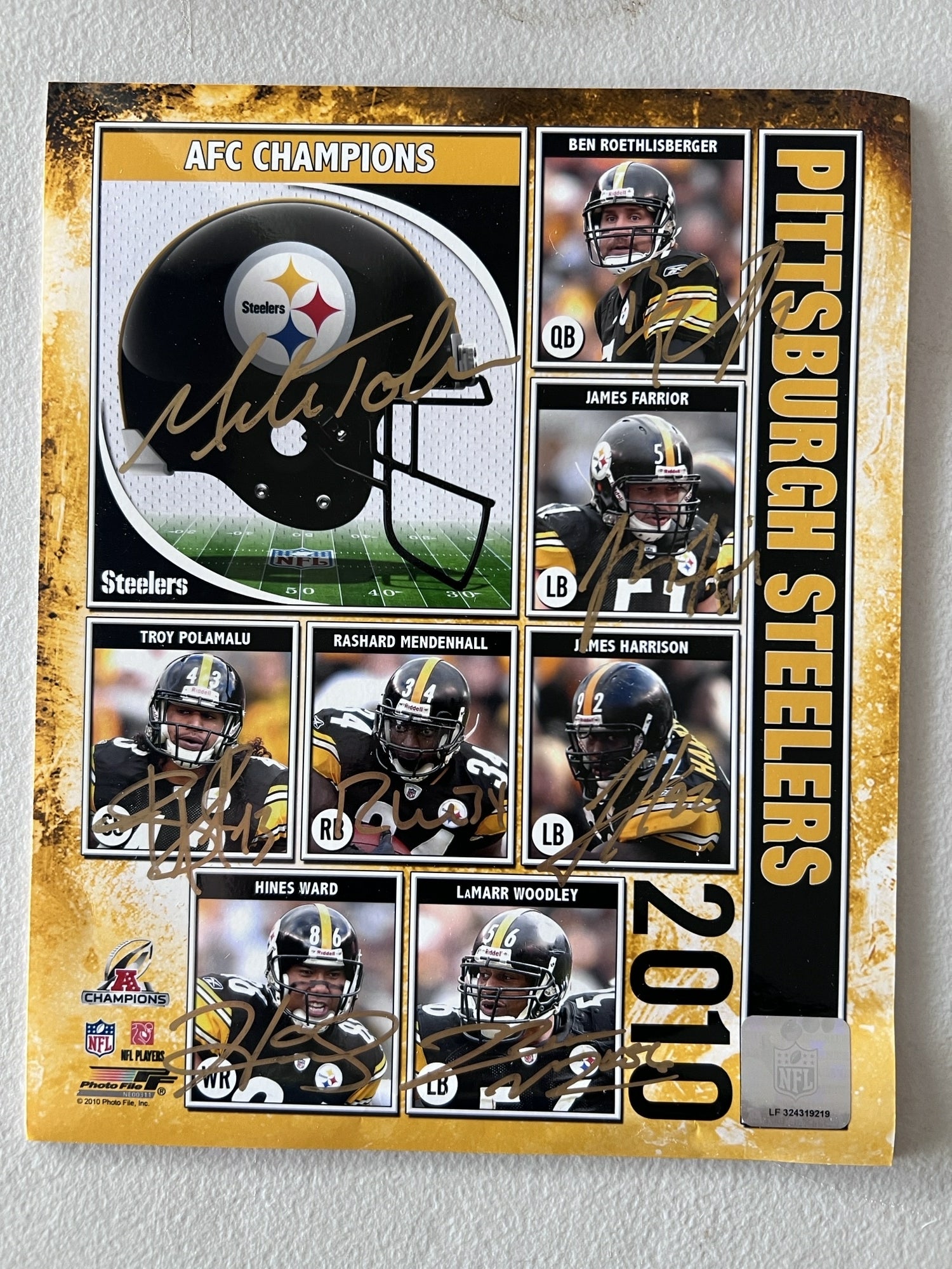 Pittsburgh Steelers Mike Tomlin, Ben Roethlisberger, Troy Polamalu, Hines Ward 8x10 photo signed with proof