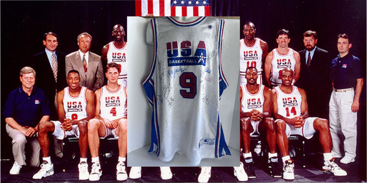 1992 USA Basketball the Dream Team signed jersey Michael Jordan, Scottie Pippen, Karl Malone, Chuck Daly, Magic Johnson signed  with proof