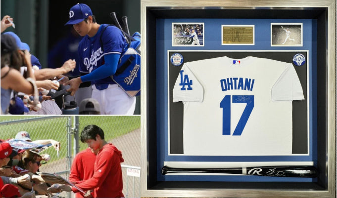 Shohei Ohtani game model Los Angeles Dodgers jersey and MLB bat signed with proof Museum quality frame 40x40x5