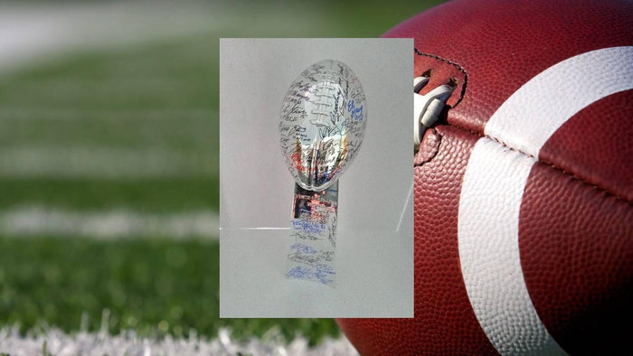Tom Brady, Joe Montana, Joe Namath, Bart Starr, Super Bowl MVPS Lombardi trophy signed