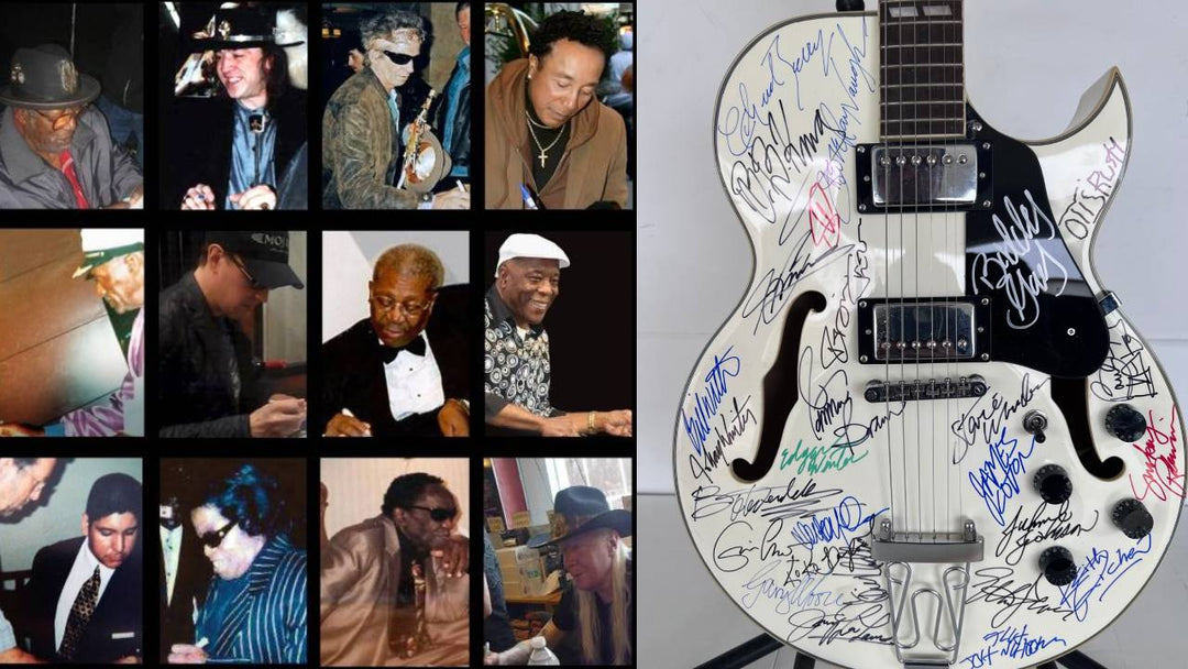 Blues an R&B legends 28 signed in all Stevie Ray Vaughan Bill Withers Stevie Wonder Eric Clapton Hollow body electric guitar signed with pro