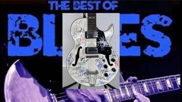 Blues an R&B legends 28 signed in all Stevie Ray Vaughan Bill Withers Stevie Wonder Eric Clapton Hollow body electric guitar signed with pro