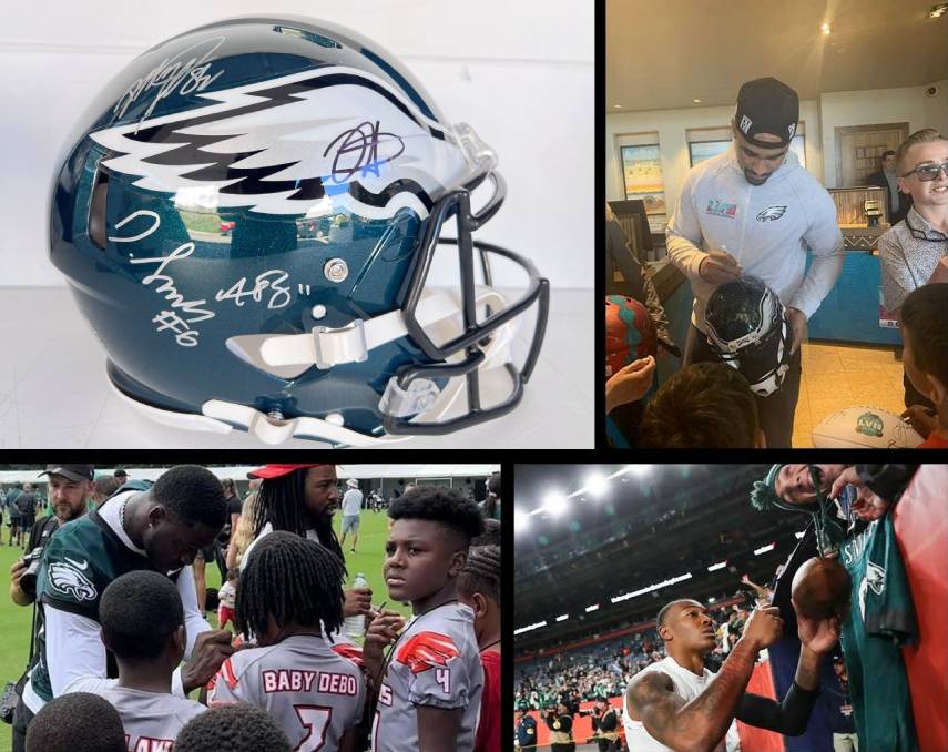 Jalen Hurts AJ Brown Dallas Goddard Devanta Smith Philadelphia Eagles Riddell Speed Authentic pro model helmet signed with proof