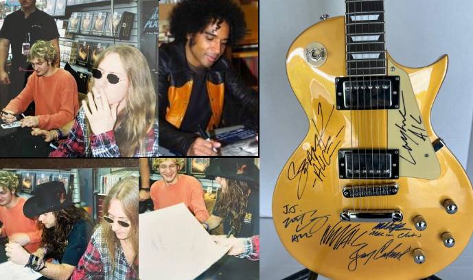Alice N' Chains Mike Starr, Layne Staley Jerry Cantrell , Sean Kinney, William Duvall, gold les paul electric guitar signed with proof