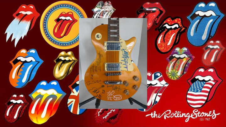 Rolling Stones Mick Jagger Ronnie Woods Charlie Watts Keith Richards Gold Les Paul  Electric full size quitar signed whit proff