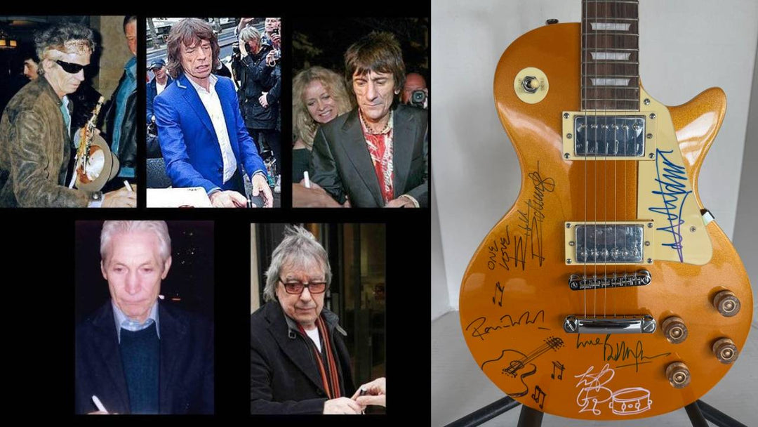 Rolling Stones Mick Jagger Ronnie Woods Charlie Watts Keith Richards Gold Les Paul  Electric full size quitar signed whit proff