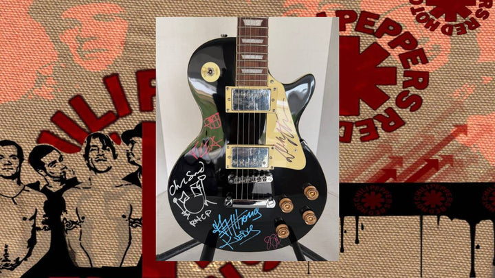 "RHCP" vintage les paul electric guitar Anthony Kiedis, "flea", John Frusciante, Chad Smith with sketch, Dave Navarro,  signed with proof