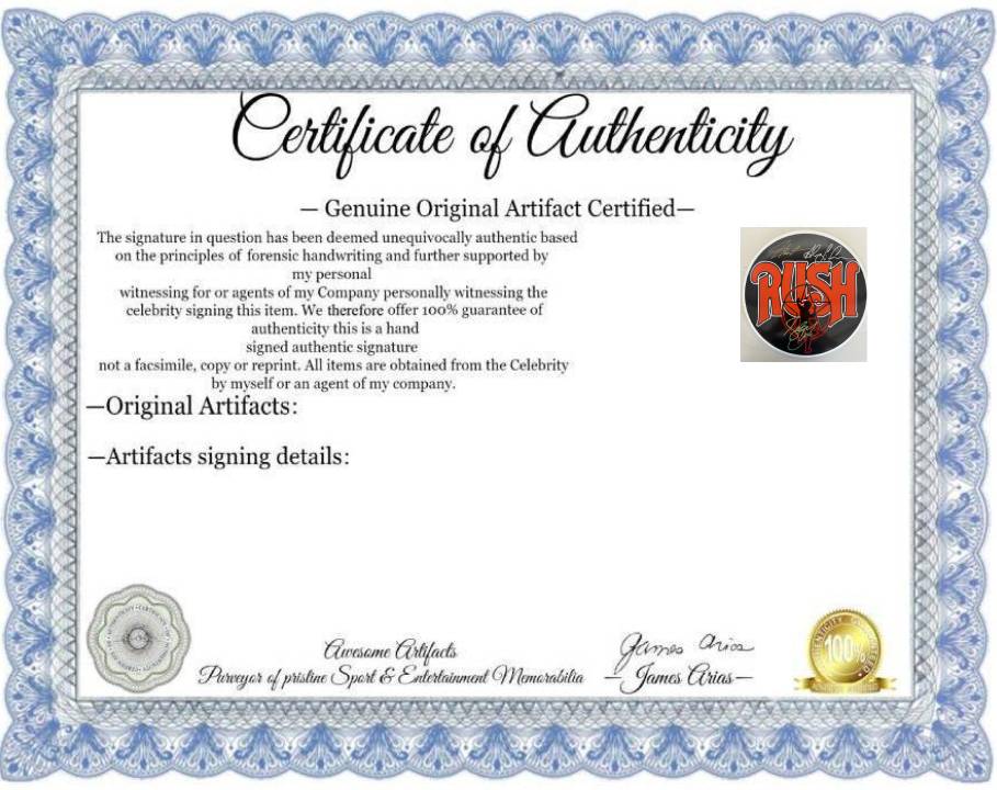 Geddy Lee Alex Lifeson Neil Peart Rush drumhead signed with proof.