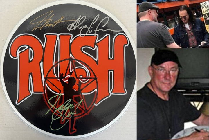 Geddy Lee Alex Lifeson Neil Peart Rush drumhead signed with proof.