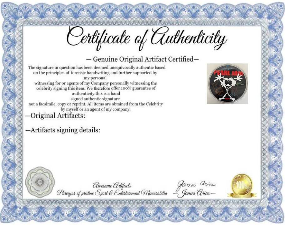 Pearl Jam Eddie Vedder, Mike McCready, Stone Gossard, Jeff Ament one-of-a-kind drumhead signed with proof