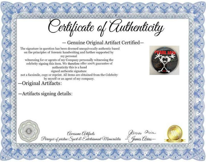 Pearl Jam Eddie Vedder, Mike McCready, Stone Gossard, Jeff Ament one-of-a-kind drumhead signed with proof