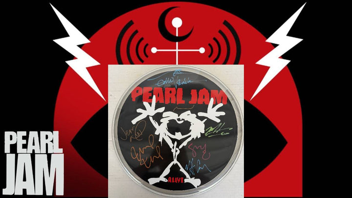 Pearl Jam Eddie Vedder, Mike McCready, Stone Gossard, Jeff Ament one-of-a-kind drumhead signed with proof