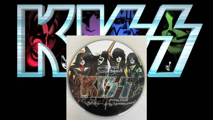 Kiss Gene Simmons, Paul Stanley, Peter Chris, Ace Frehley one-of-a-kind drumhead signed with proof