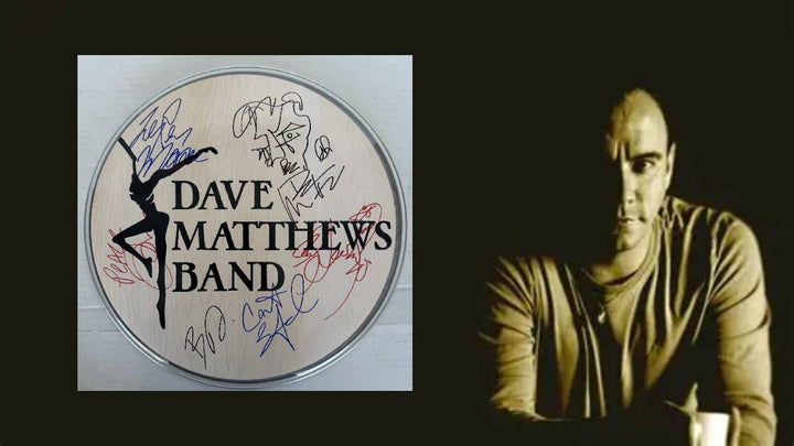 Dave Mathews Stefan Lessard, LeRoi Moore, Boyd Tinsley, Carter Beauford one-of-a-kind drumhead signed with proof