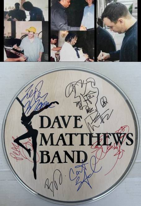 Dave Mathews Stefan Lessard, LeRoi Moore, Boyd Tinsley, Carter Beauford one-of-a-kind drumhead signed with proof