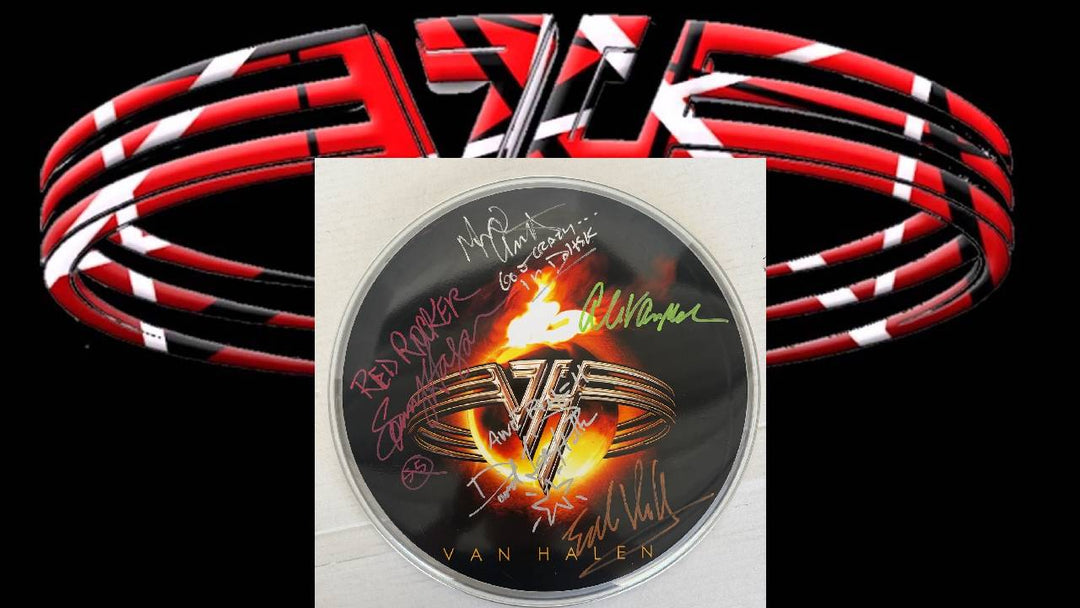 Van Halen David Lee Roth , Sammy Hagar, Eddie & Alex Van Halen MIchael Anthony one-of-a-kind drumhead signed with proof