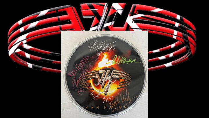 Van Halen David Lee Roth , Sammy Hagar, Eddie & Alex Van Halen MIchael Anthony one-of-a-kind drumhead signed with proof
