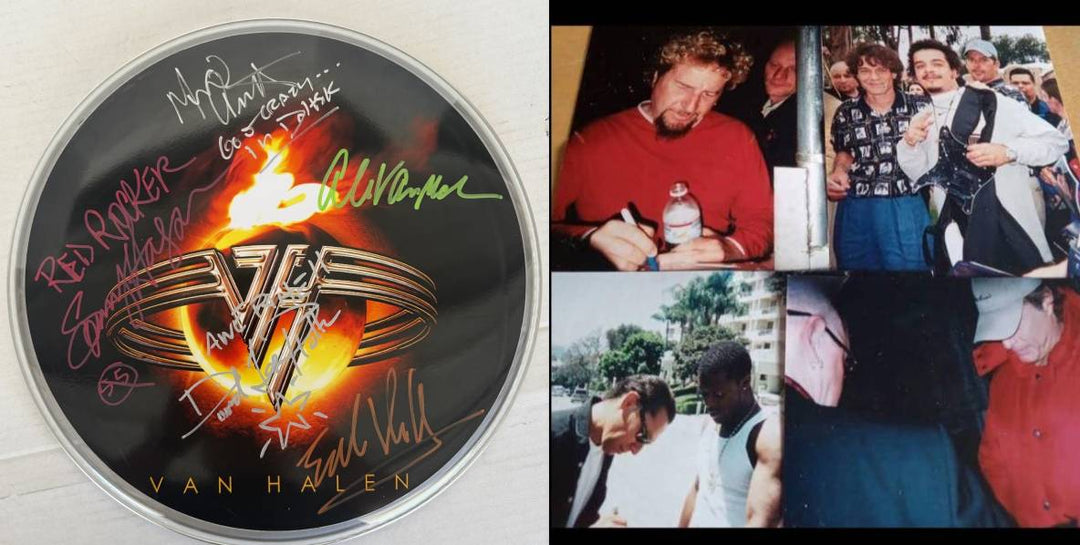 Van Halen David Lee Roth , Sammy Hagar, Eddie & Alex Van Halen MIchael Anthony one-of-a-kind drumhead signed with proof