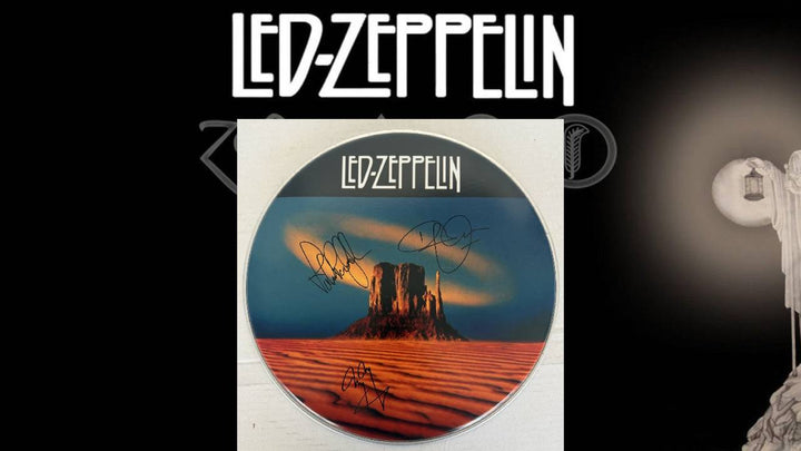 Led Zeppelin Jimmy Page Robert Plant & John Paul Jones drumhead signed with proof