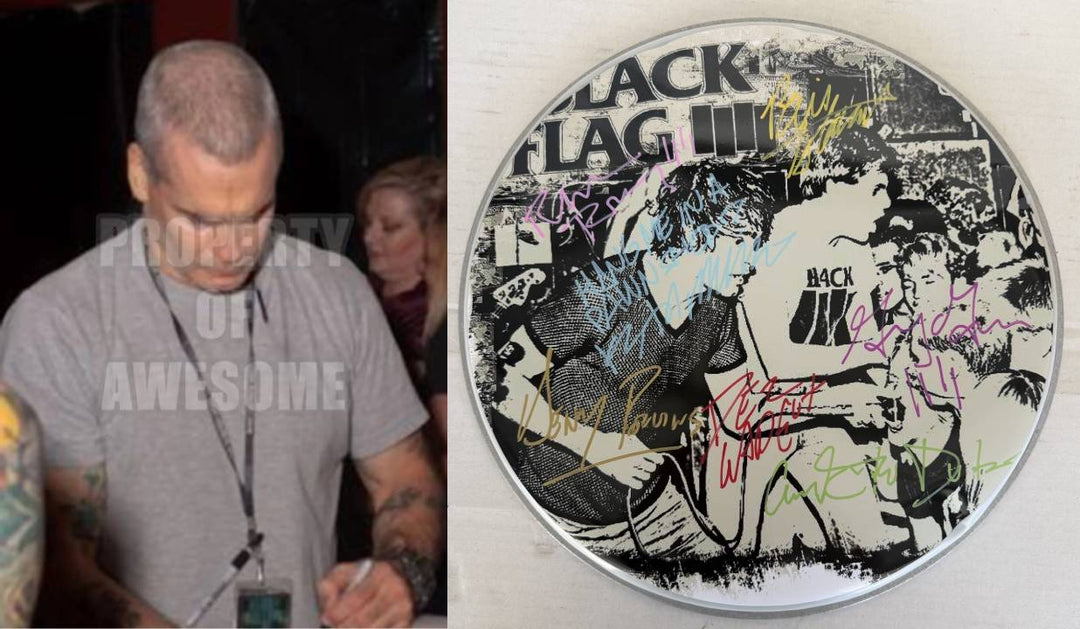 Henry Rollins and Black Flag one-of-a-kind drumhead signed with proof.