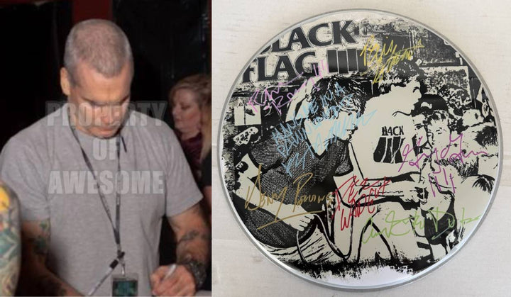 Henry Rollins and Black Flag one-of-a-kind drumhead signed with proof.