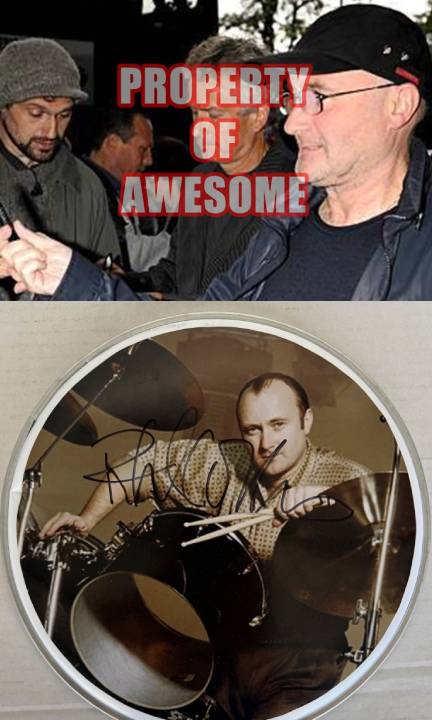Phil Collins iconic Genesis drummer one of a kind drumhead signed with proof