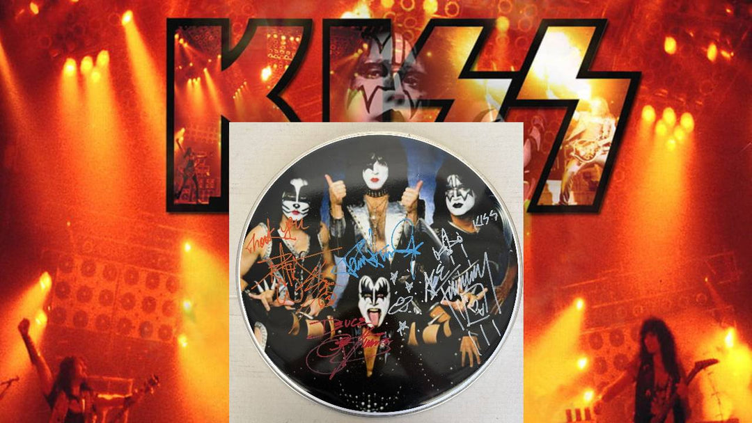 Gene Simmons, Paul Stanley, Peter Criss, Ace Frehley one-of-a-kind drumhead signed with proof