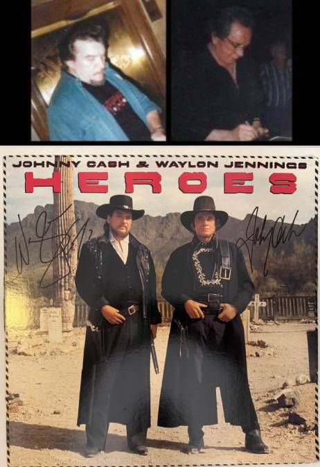 Waylon Jennings and Johnny Cash Heroes original LP cover  signed with proof