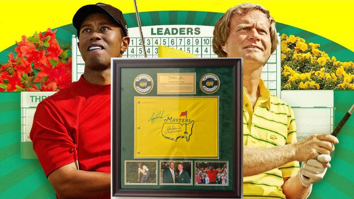 Tiger Woods and Jack Nicklaus Masters Golf pin flag signed and framed 29x31 with proof.