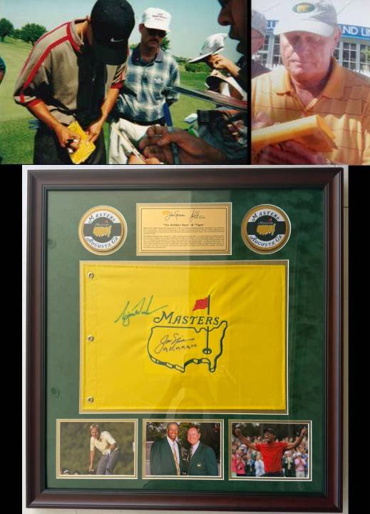 Tiger Woods and Jack Nicklaus Masters Golf pin flag signed and framed 29x31 with proof.