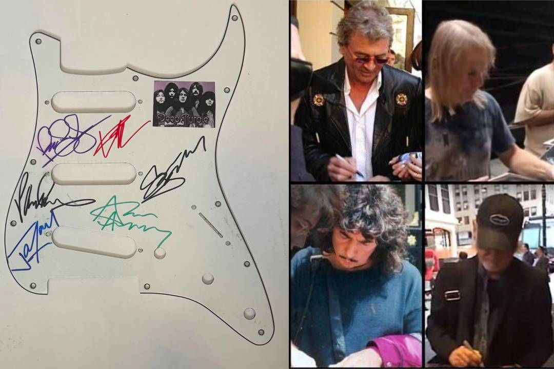 Deep Purple  Ian Paice Roger Glover Ian Gillan Don Airey  Stratocaster electric pickguard signed with proof