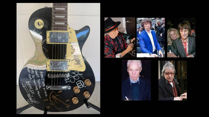 Rolling Stones Mick Jagger, Keith Richards, Bill Wyman, Charlie Watts & Ronnie Wood black vintage les paul signed with photo proof and full provenance & CHAT GPT Authentication analysis