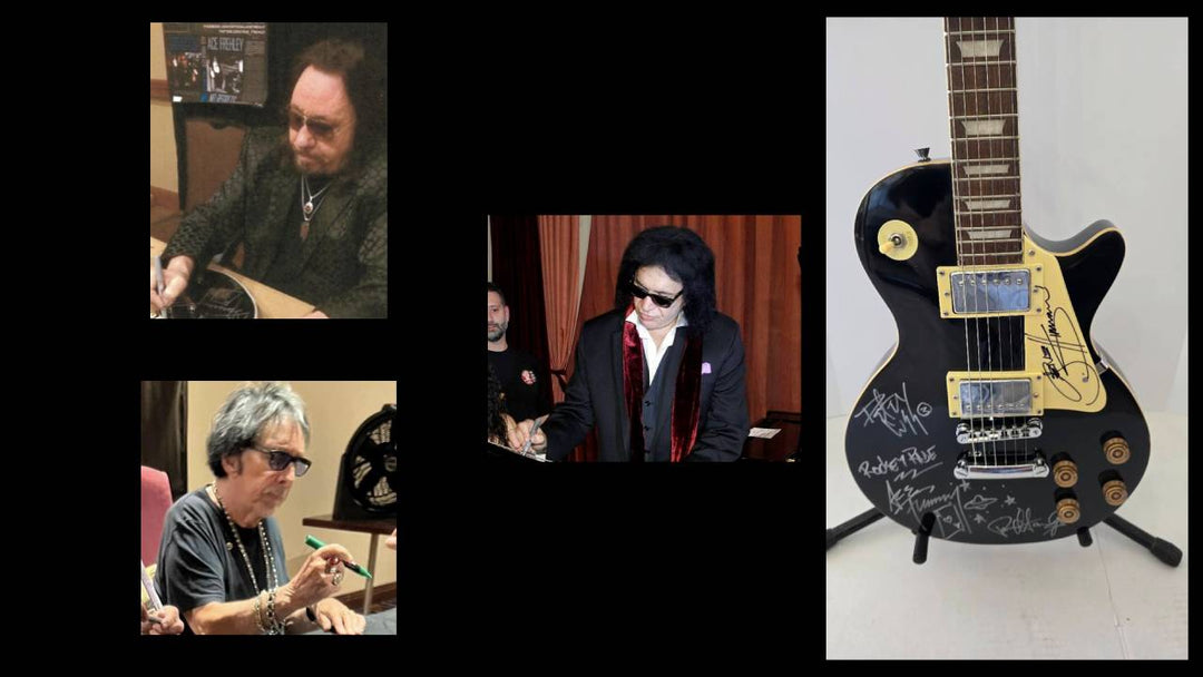 Kiss Gene Simmons, Peter Criss, Paul Stanley and Ace Frehley vintage black full size Glen Burton Les Paul-style electric guitar with sketches signed with proof and full provenance & CHAT GPT Authentication analysis