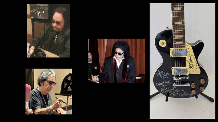 Kiss Gene Simmons, Peter Criss, Paul Stanley and Ace Frehley vintage black full size Glen Burton Les Paul-style electric guitar with sketches signed with proof and full provenance & CHAT GPT Authentication analysis