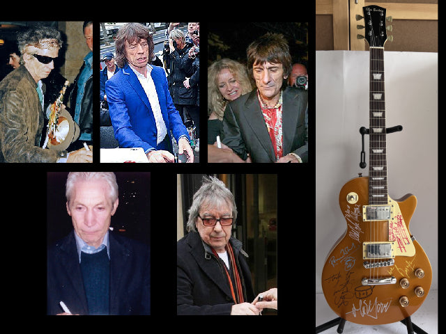 Rolling Stones, Mick Jagger Keith Richards Mick Taylor Bill Wyman Charlie Watts Ronnie Wood gold Les Paul  Electric full size  signed