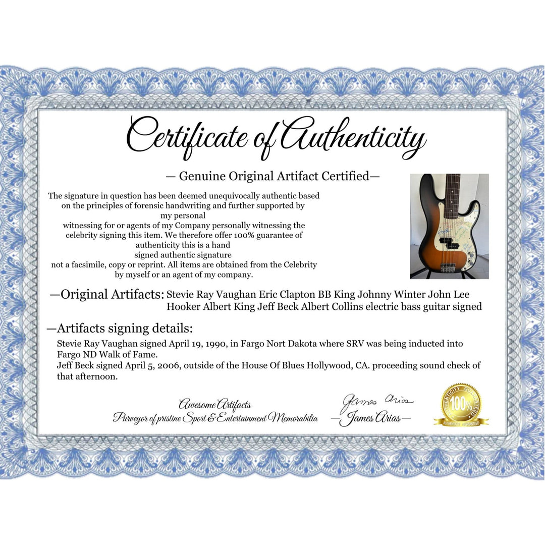 Stevie Ray Vaughan Eric Clapton BB King Johnny Winter John Lee Hooker Albert King Jeff Beck Albert Collins electric bass guitar signed