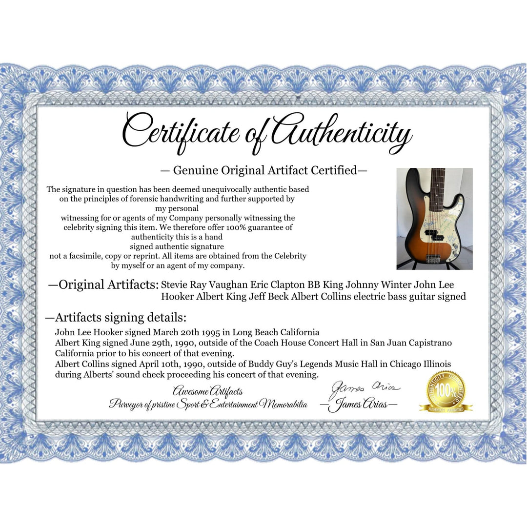 Stevie Ray Vaughan Eric Clapton BB King Johnny Winter John Lee Hooker Albert King Jeff Beck Albert Collins electric bass guitar signed