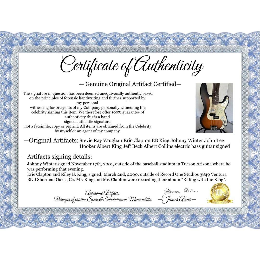 Stevie Ray Vaughan Eric Clapton BB King Johnny Winter John Lee Hooker Albert King Jeff Beck Albert Collins electric bass guitar signed