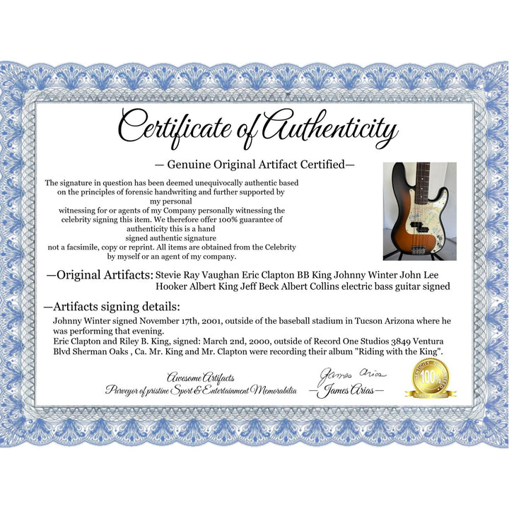 Stevie Ray Vaughan Eric Clapton BB King Johnny Winter John Lee Hooker Albert King Jeff Beck Albert Collins electric bass guitar signed